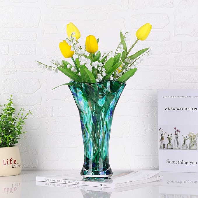 9.0" H Teal Glass Vases for Flowers, Unique Hand Blown Glass Vase Green Home Decor, Wide Mouth Colorful Flower Vase Centerpieces, for Living Room Table Bookshelf, Bathroom Office Shelf Decorative