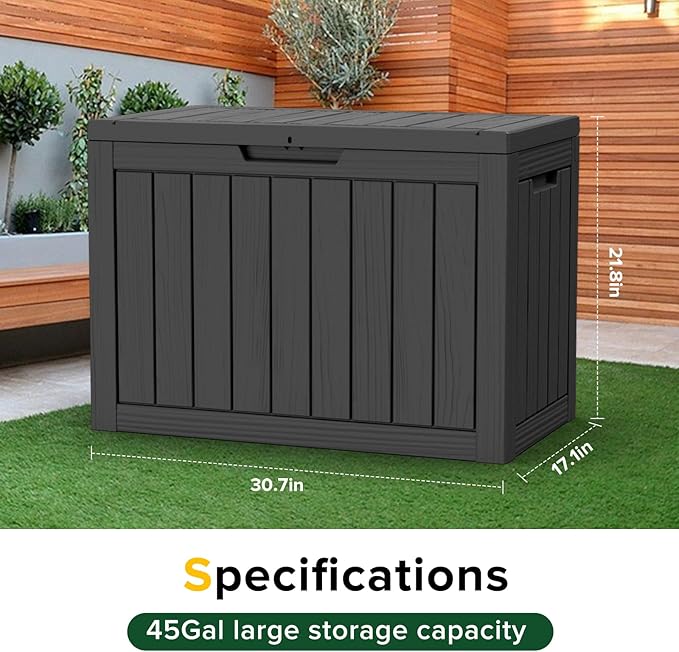 ROJIK Outdoor Storage Housing Deck Box - Waterproof Patio Furniture, Garden Tools, Cushions, Pool Accessories Storage Bench with Lockable Lid and Side Handles (Black 48 Gal)
