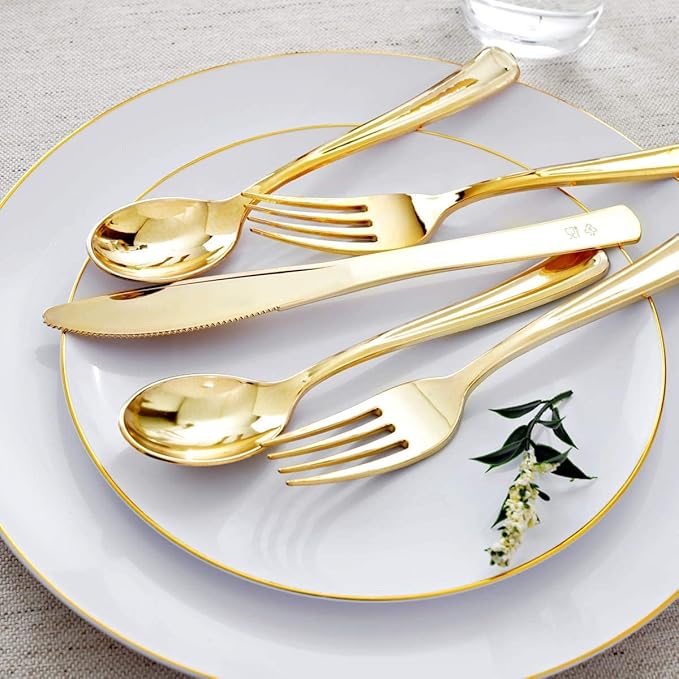 Supernal 350pcs Gold Disposable Dinnerware Set,Pre Rolled Plastic Silverware,Include 50 Gold Plates and 50 Dessert Plates, 50 Silverware with Paper Napkins,50 Disposable Cups