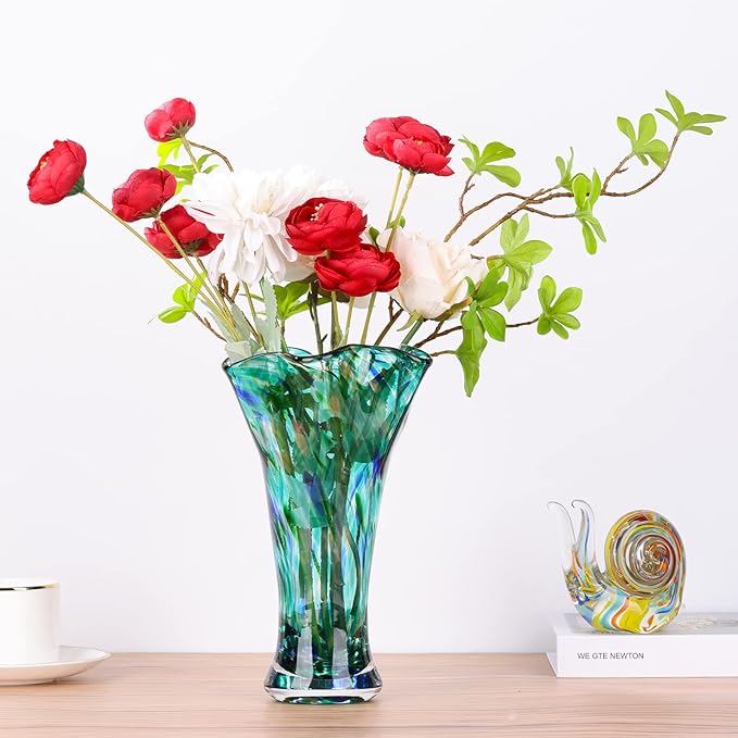 9.0" H Teal Glass Vases for Flowers, Unique Hand Blown Glass Vase Green Home Decor, Wide Mouth Colorful Flower Vase Centerpieces, for Living Room Table Bookshelf, Bathroom Office Shelf Decorative