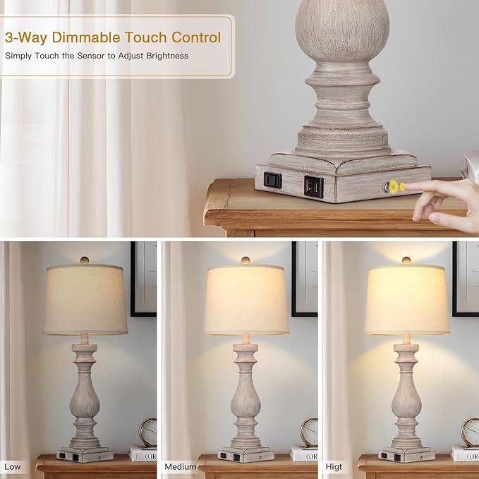 27.5" Farmhouse Table Lamp for Living Room,Vintage Bedside Lamp with USB C+A Ports & AC Outlet,3-Way Dimmable Touch Control Gray Washed Finish Nightstand for Bedroom, Single Gray