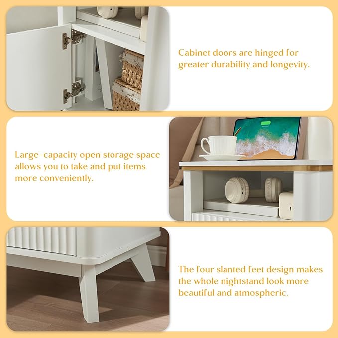 QUW Fluted Nightstand Set of 2 with Charging Station, 18" Modern Side Table, Bedside Table with Open Storage and Cabinet, End Table for Bedroom, Living Room, White