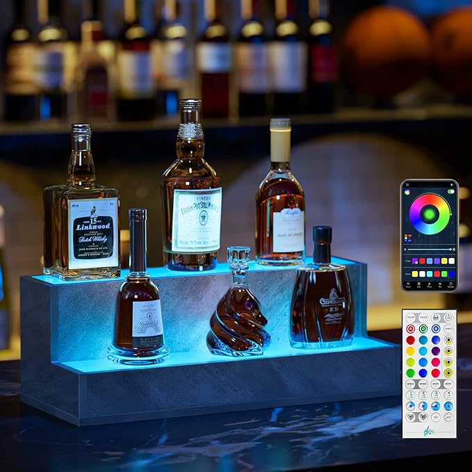 LED Lighted Bar Shelves, 20 Inch Bar Display Shelf, Liquor Bottle Display Shelf with App & Remote Control, 2 Step Freestanding Holding Bottles for Home Bar, Party, Grey