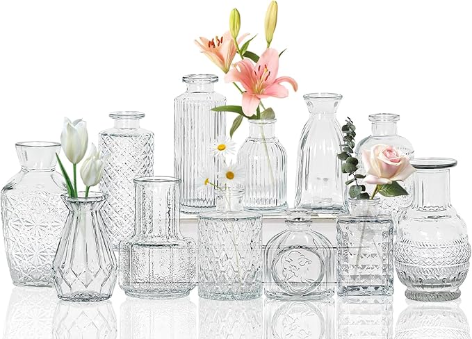 12pcs Mini Bud Vases As Wedding Centerpieces for Tables,Clear Bud Vases for Flowers,Small Flower Vases Suitable for Birthday Party,Anniversary,Wedding Reception,Baby Shower (Clear)