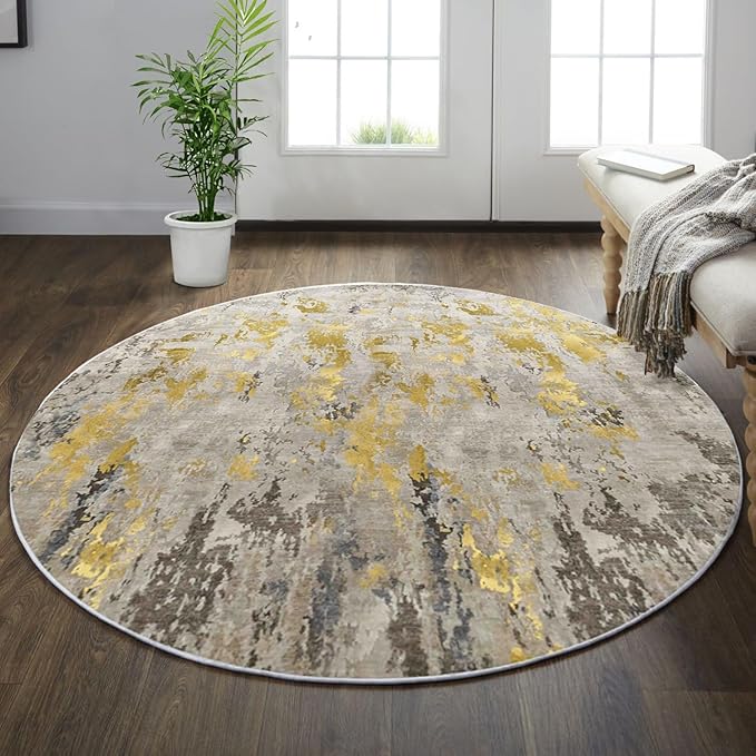 vivorug Round Rug 6ft Abstract Round Area Rug Non-Slip Indoor Carpet for Living Room Bedroom Entryway, Stain Resistant Home Decor Circle Rug, Grey/Mustard