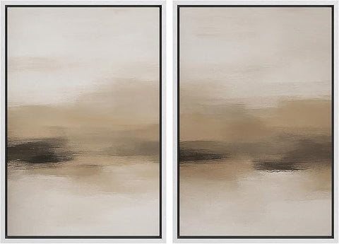MUDECOR Framed Canvas Print Wall Art Abstract Neutral Beige Contemporary Minimalist Landscape Illustrations Modern Art Decorative Bohemian Colorful for Living Room, Bedroom, Office - 16"x24"x2 White
