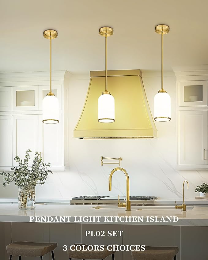 LIROUVET 2 Pack Pendant Lights, Vintage Hanging Lamp, Brushed Gold Pendant Lights Kitchen Island with Milk Glass, Pendant Lighting for Dining Room PL02 MGBG-2PK