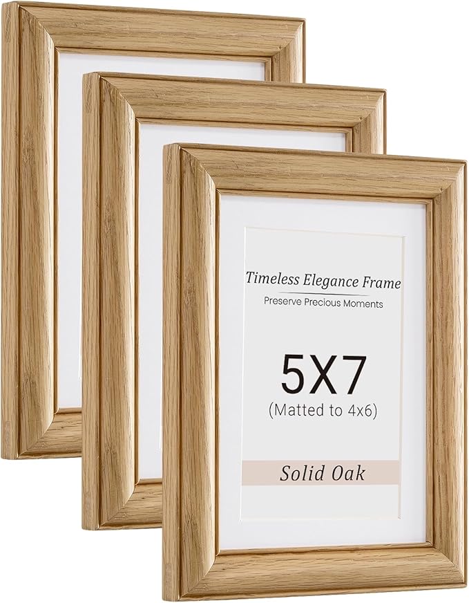 Vivelove 5x7 Picture Frame, Solid Oak Wood 5x7 Frame Display 4x6 with Mat or 5 x 7 Without Mat, 5 by 7 Photo Frame for Wall & Tabletop Display, Natural Oak Color, 3 Pack