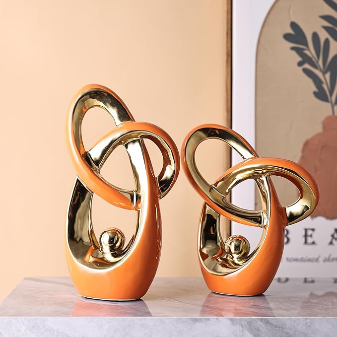 Orange Modern Abstract Art Home Decor Accent,Statues Coffee Table Decor for Living Room,Table Centerpieces for Dining Room,Ceramic Sculptures and Gold Knick Knacks for TV Stand Decor (Orange Gold)