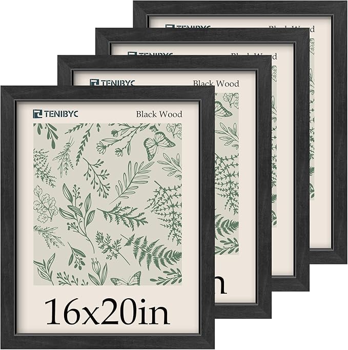 16x20 Frame 4 Pack, Black Wood Picture Frame, HD Tempered Glass, Display 16x20 or 20x16 Photos, Posters, and Puzzles, Wall Hanging