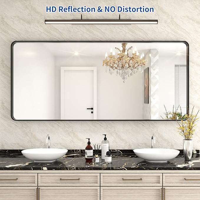 WEER Black Metal Framed Mirror 72X32 Inch, Black Bathroom Vanity Mirror, Rounded Rectangle Matte Black Bathroom Mirror for Wall, Tempered Glass, Anti-Rust, Hangs Horizontal or Vertical