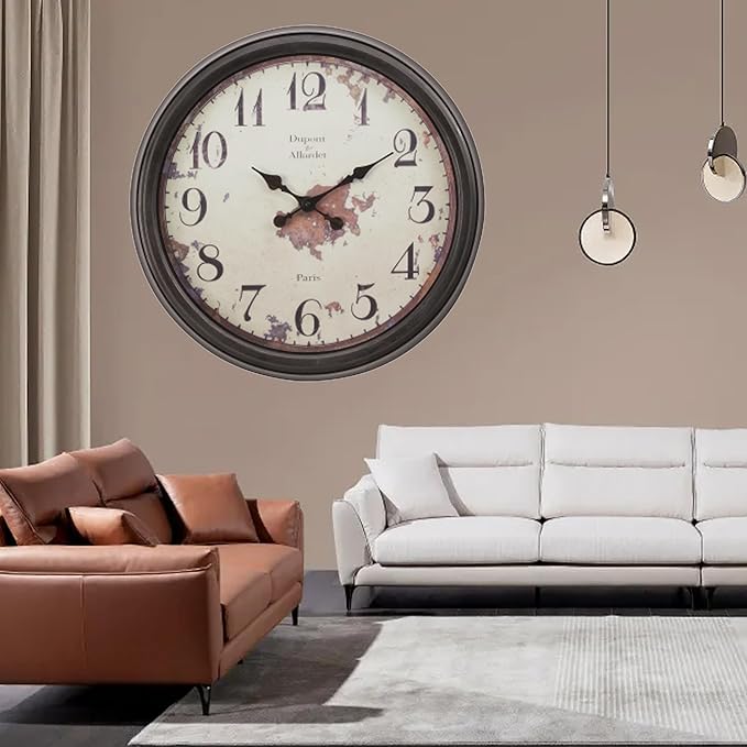 20 Inch Vintage Wall Clock, Farmhouse Wood Silent Non-Ticking, Battery Operated Retro Round Decorative Clock for Kitchen, Living Room, Bedroom,Office,Beige Brown