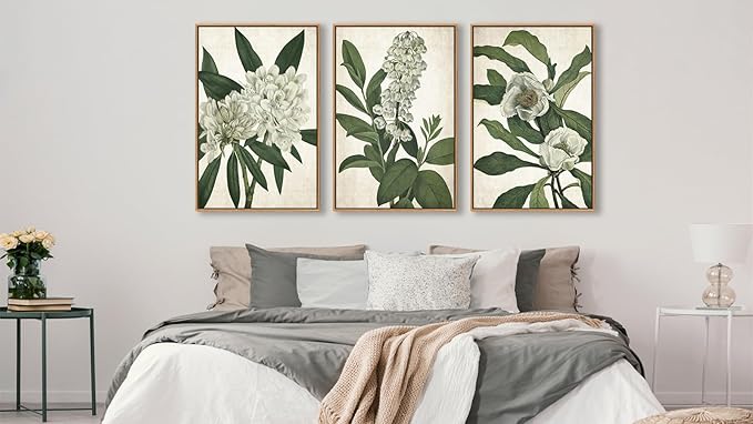 Large Framed Canvas Wall Art - Natural Float Framed White Flowers Green Leaves Pictures Decor Simple Botanical Plants Artwork for Living Room Bedroom Kitchen Home Office Decoration 60" X 28" Set of 3
