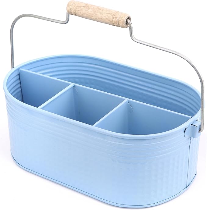 Alpha Living Home Galvanized Utensil Holder with Handle - 4 Compartment Silverware Caddy,Flatware Organizer for Kitchen, Countertop, Dining Table, BBQ, Picnic, Party, Farmhouse, Décor (Blue)