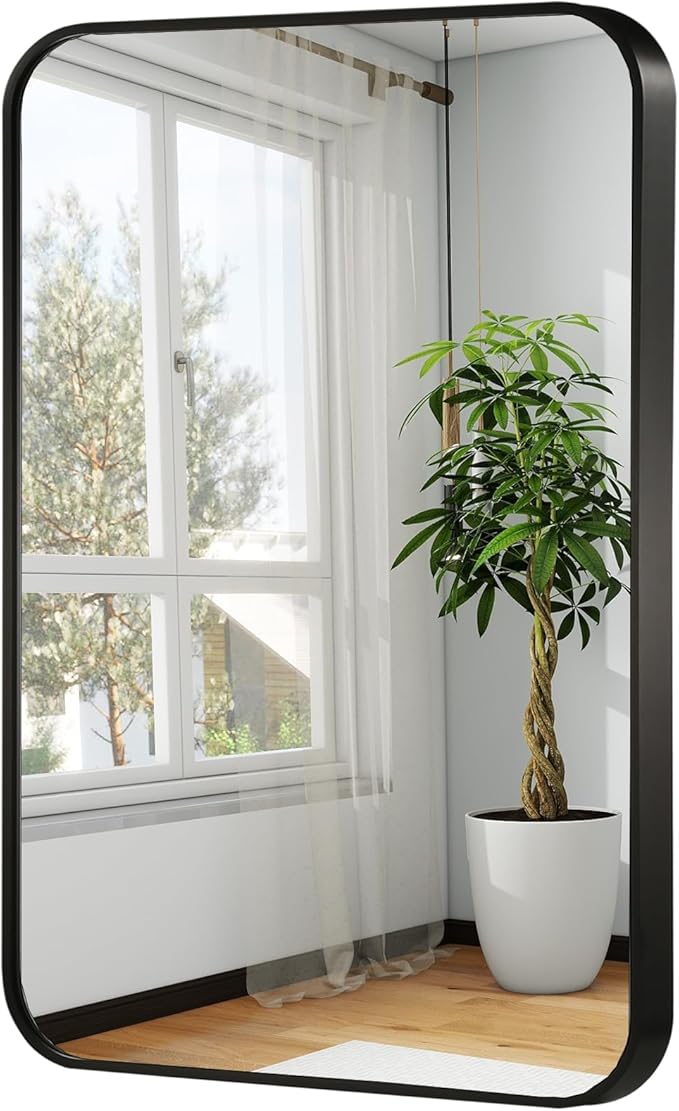 20x28 Inch Black Wall Mirror for Bathroom, Brushed Metal Framed Mirror with Rounded Corner, Rectangle Bathroom Vanity Mirror for Bedroom or Living Room, Horizontal/Vertical