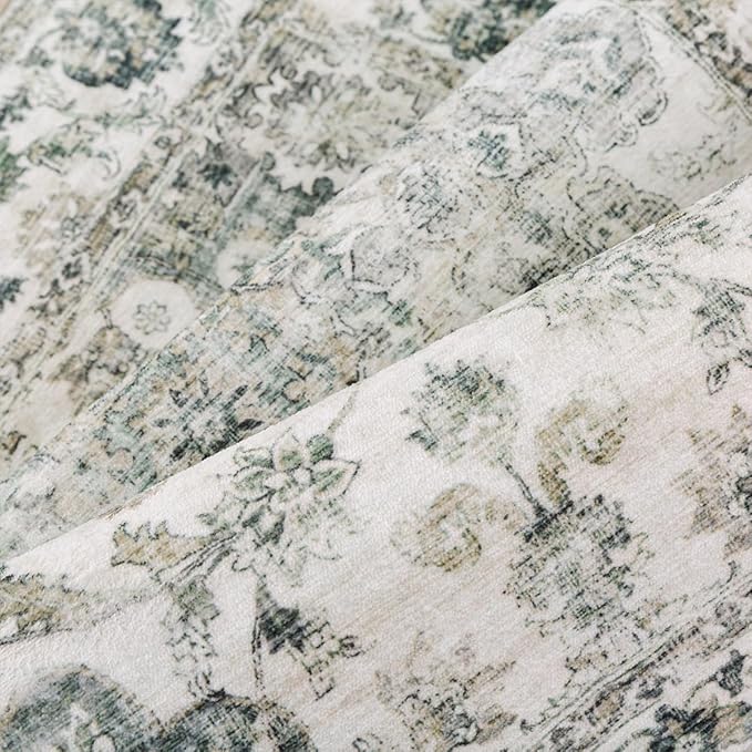 10x12 Neutral Area Rug Green Floral Living Room Bedroom Large Carpet Low Pile Vintage Non-Slip Soft Thin Washable Throw Rug for Dining Room Office Kitchen Indoor Nursery
