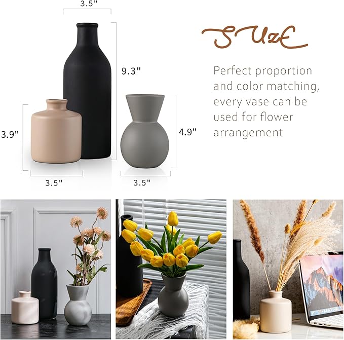 Ceramic Flower Vase Without Dried Fake Flowers, Small Vase for Centerpieces, Modern Vases for Home Decor- 3 Pcs