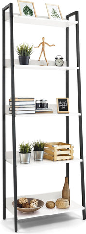 CAPHAUS 5 Tier Ladder Bookshelf, 24 Inch Width Free Standing Shelf, Bookcase Shelf Storage Rack Organizer, Industrial Book Shelves for Home Office, Living Room, Kitchen, White, Vintage Shelves
