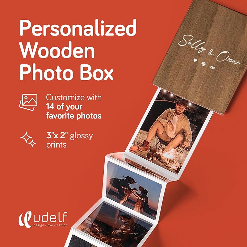udelf Personalized Wooden Photo Box Gift with Accordion Picture Pull Out - Custom Gifts, Wedding Keepsake Box, Anniversary Box, Picture Box Gift - Holds 14 Photo Prints, 3"x2" (Romantic-Vertical)