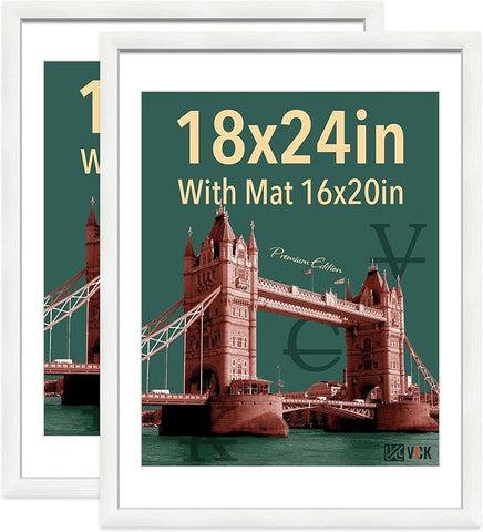VCK 18x24 Frame 2 Pack, Exclusive Textured Solid Wood Poster Frame, Display Picture 16x20 with Mat or 18x24 without Mat, White