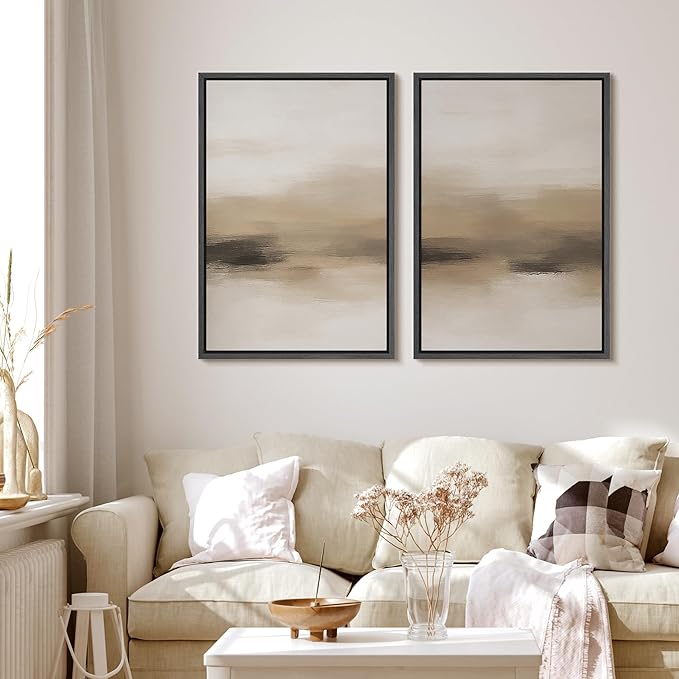 MUDECOR Framed Canvas Print Wall Art Abstract Neutral Beige Contemporary Minimalist Landscape Illustrations Modern Art Decorative Bohemian Colorful for Living Room, Bedroom, Office - 24"x36"x2 Black