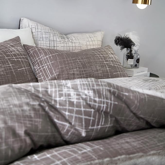 VM VOUGEMARKET Abstract Duvet Cover Queen,100% Cotton Brown Gray Reversible Duvet Cover Set for Men,Teens,Minimalism Modern Bedding Set-Queen,Artwork