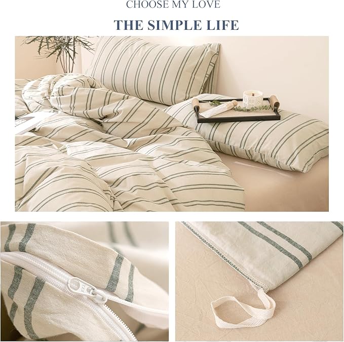 VM VOUGEMARKET Teen Boys Duvet Cover Set Twin,Greyish-Green Stripes Duvet Cover with 2 Pillowcases,Modern Cozy Washed Cotton Comforter Cover with Zipper Closure & Corner Ties 68"x90"(3pcs,Twin XL)