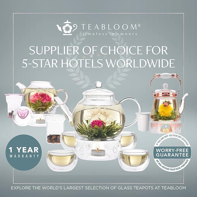 Teabloom Stovetop & Microwave Safe Glass Teapot with Removable Loose Tea Glass Infuser – Includes 2 Blooming Teas – 2-in-1 Tea Kettle and Tea Maker – Tea Purist's Choice