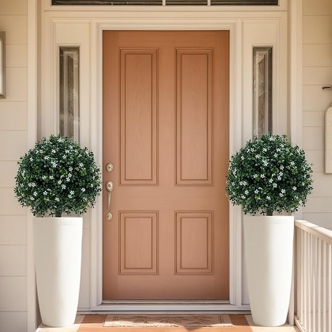 Boxwood Balls Topiary Trees Artificial Outdoor 2 Pack - 25.6in UV Resistant PE Greenery with White Flowers, Sturdy Aluminum Spikes Faux Plants for Patio Garden Porch Decor | Outdoor Artificial Plants