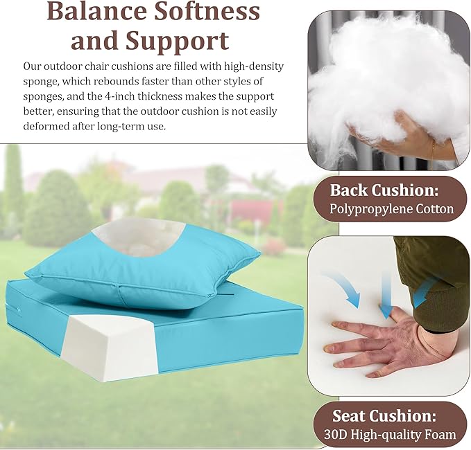 Waterproof Outdoor Chair Cushion Set of 4, 22x22x4 IN Deep Seat Patio Cushions with Fade Resistant Removable Cover,Outdoor Cushions for Patio Furniture with Ties&Handle for Chair Sofa Couch,Lake Blue
