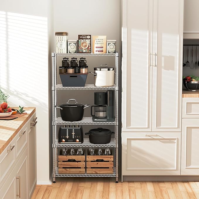 MZG 1750 lbs 5 Tier Storage Rack Metal Wire Shelving Unit, Storage Standing Household Shelf Organizer for Kitchen Pantry Closet Garage Basement Utility Room, Chrome 15.8" D x 45.3" W x 70.4" H