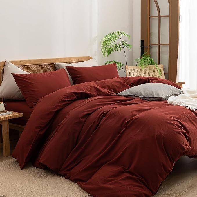 BESTOUCH Duvet Cover Set 100% Washed Cotton Linen Feel Super Soft Comfortable Chic Lightweight 3 PCs Home Bedding Set Solid Fired Brick Red Full/Double