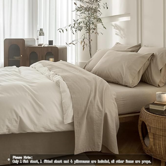 6PS Linen Like Bedding Sheet Sets Linen Grey Queen Size Cotton Bedding Set Oeko-TEX Standard 100% Washed Cotton Deep Pocket Queen Size Fitted Sheet Plus Cozy Flat Sheet and 4 Pillowcases