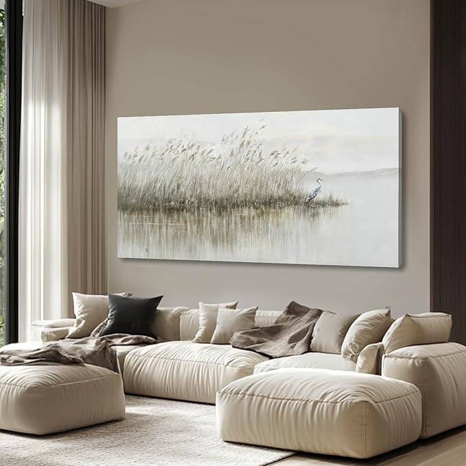 WINKAILIN Grey Pictures Wall Decor Landscape Wall Art Reed and Egret Painting on Canvas Vintage Posters for Room Bedroom Living Room Home Decor 29x58 Inch