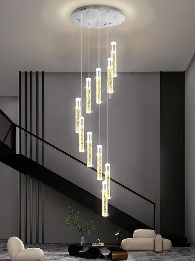 Crystal Bubble Column Chandeliers 110in Long Spiral Crystal Chandelier for High Ceiling Modern LED Foyer Ceiling Chandelier Dimmable 3000-6000K 10-Lights Silver