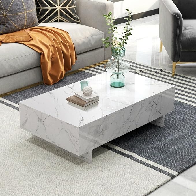 COSVALVE 41" Marble White Cool Coffee Table for Living Room,Rectangular Glossy Smart Contemporary Center Table for Waiting Area,White