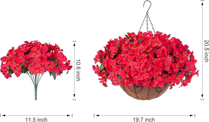 Artificial Fake Hanging Flowers for Outdoors with Basket Faux Plants Silk Bougainvillea Flower in Planter Look Real UV Resistant Faux Flower for Outside Porch Patio Garden Yard Home Decor, Red
