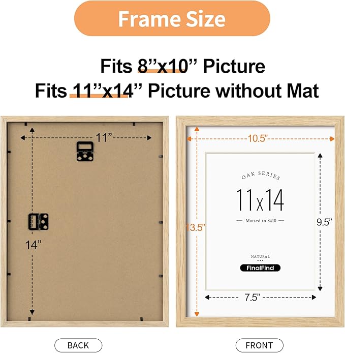 11x14 Picture Frame with Mat for 8x10, Natural Solid Oak Wood 11x14 Frame with Tempered Glass for Wall Mounting(Single,Oak)