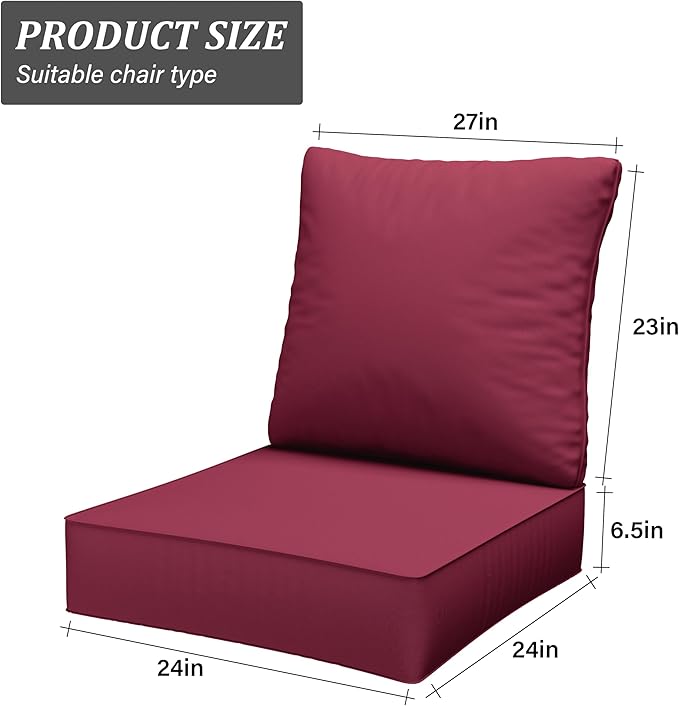 Outdoor Seat Cushion Set 24 x 24 x6.5 Inch Splash-Proof & Fade Resistant Patio Furniture Cushions with Removable Cover Deep Seat & Back Cushion with Straps for Chair Sofa Couch