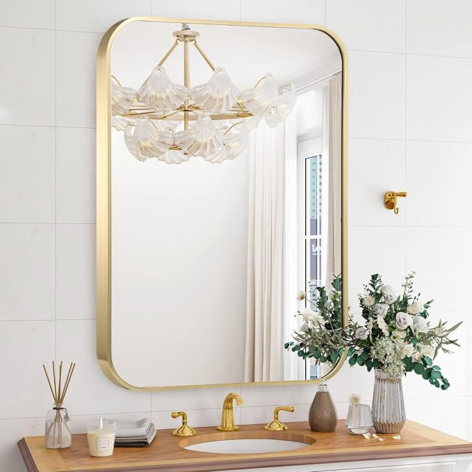 24x32 Inch Bathroom Mirror for Wall, Gold Framed Rectangle With Rounded Corner, Aluminum Alloy Brushed for Bedroom or Living Room, Vertical or Horizontal
