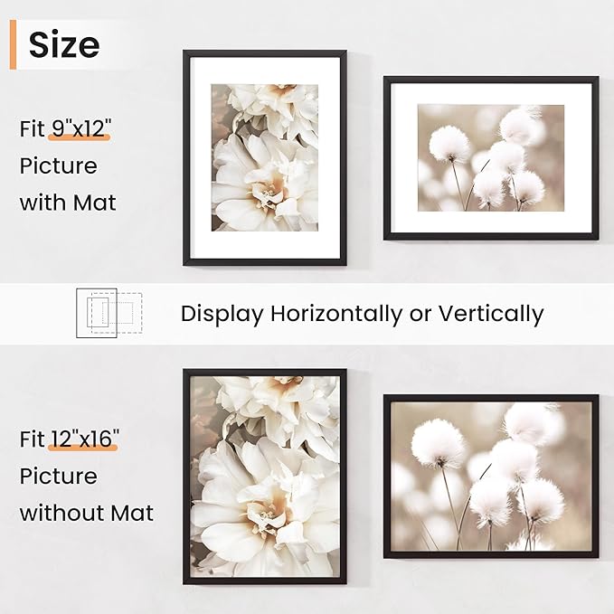 12x16 inch Picture Frame, 12x16 Photo Frames with Removable Mat - High Definition Plexiglass - Vertical and Horizontal Display - Wall Hanging Frame - Black, 3 Pack