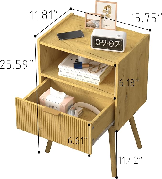 Nightstand,Modern Bedside Table with Storage Drawer and Open Wood Shelf, for Living Room, Bedroom and Small Spaces, Accent Night Stand with Solid Wood Legs, Easy Assembly,Vintage Yellow Oak