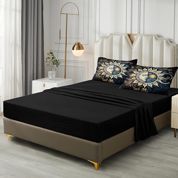 Sun and Moon Comforter Set Black Boho Bedding Set Celestial Galaxy Starry Space Bedding Comforter Mandala Exotic Black Bed in A Bag King Size