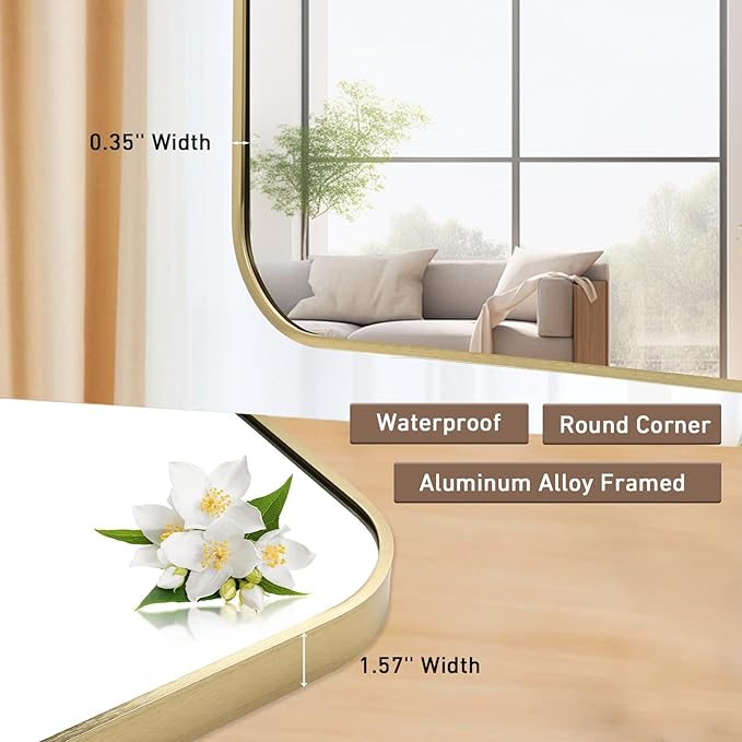 FARMER 20x28 Inch Gold Bathroom Mirrors for Wall, Framed Bathroom Vanity Mirror with Rounded Edge, Brushed Rectangle Mirrors for Bathroom for Washroom, Living Rooms, Hangs Horizontally or Vertically