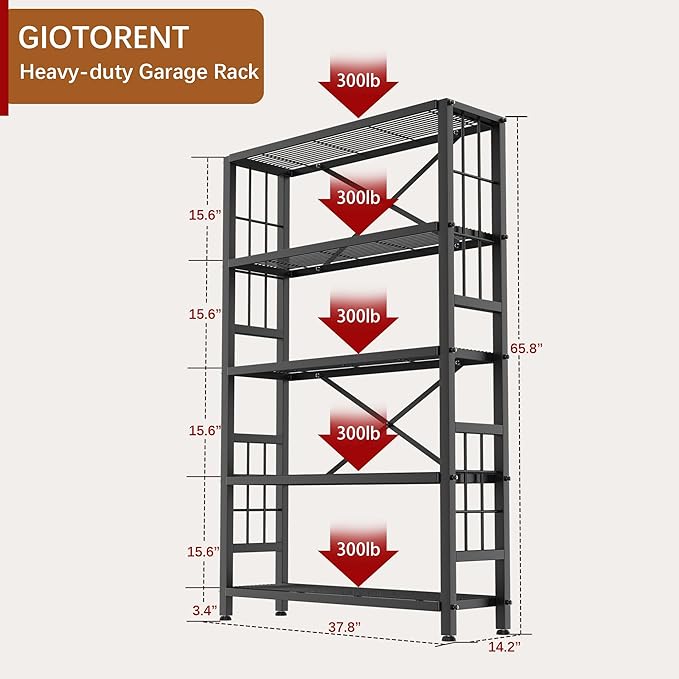 GIOTORENT 5-Wire Heavy-Duty Shelf, Standing Storage Shelves, Metal Shelving Unit Pantry Rack, 1500LB Load Capacity, for Garage Kitchen Organizer (Black)