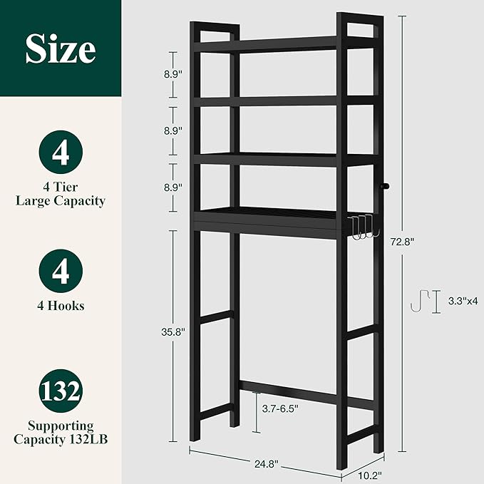 Smiry Over The Toilet Storage Cabinet, 4-Tier Bamboo Bathroom Organizers with Adjustable Shelf & 4 Hooks, Space Saving Shelf Rack for Bathrooms, Laundry Room, Balcony, Black