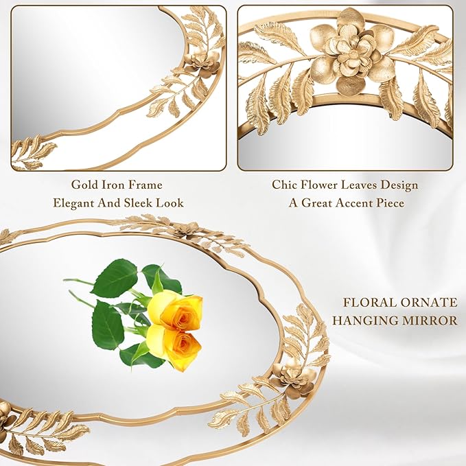 Gold Mirrors for Wall, 22"x29" Oval Metal Frame Decorative Mirror, Chic Floral Ornate Hanging Vanity Mirror for Dresser, Bathroom, Mantel,Entryway