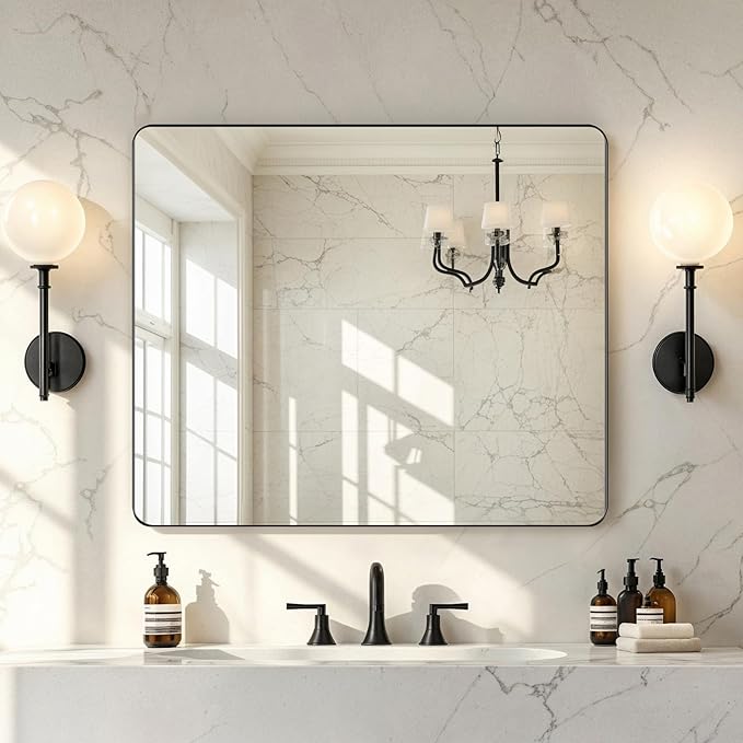 36x30 Bathroom Vanity Mirror for Wall, Aluminum Framed, Farmhouse Rectangle, Anti-Rust, HD Reflection Anti-Desilvering, Distortion Free, Tempered and Shatter-Proof Wall Mounted Mirror, Black