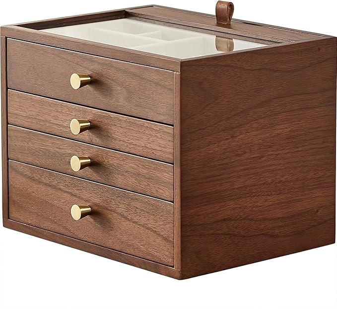 Black Walnut Wooden Jewelry Box for Women 4 Layer with Glass Lid and Pull-out Necklace Storage Layer Watch Necklace Ring Earring Storage,Gifts