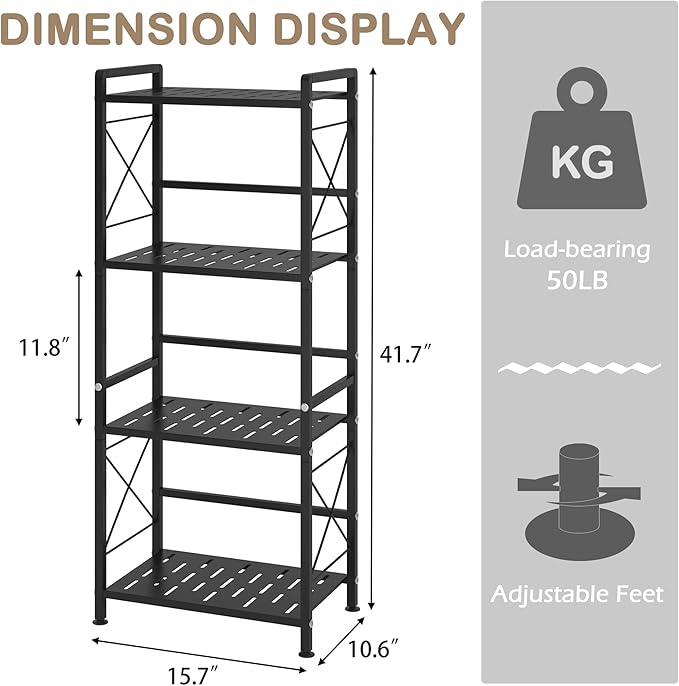 JSB 4 Tier Metal Bookshelf Bathroom Storage Standing Shelf Unit Kitchen Storage Organizer Display Rack Bookcases Shelves for Living Room, Bedroom, Office (Widen Black, 4 Tier)